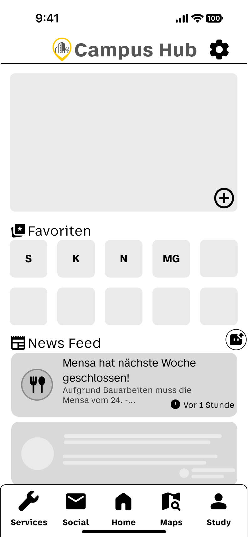 Finaler Dashboard-Screen von BHT Campus Hub mit H1 Screen Title, Favoriten und News Feed