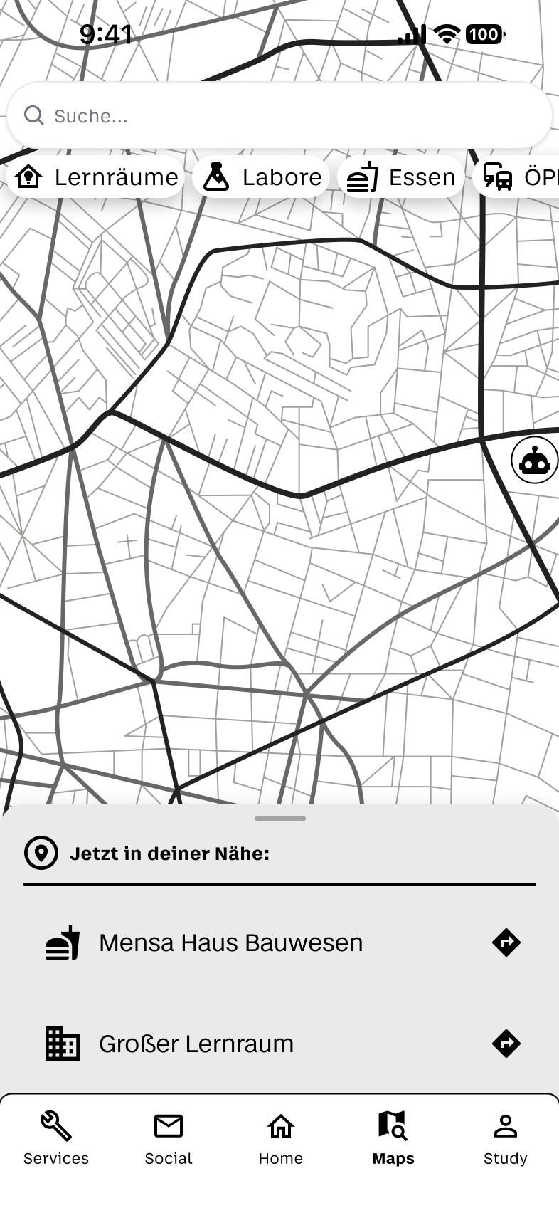 Navigation-und-Orte-Screen mit Karten- und Standortfunktionen