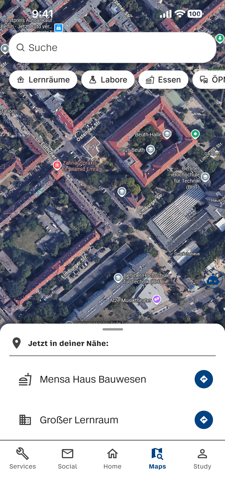 Navigations-Screen mit Kartenfunktion im Light Mode
