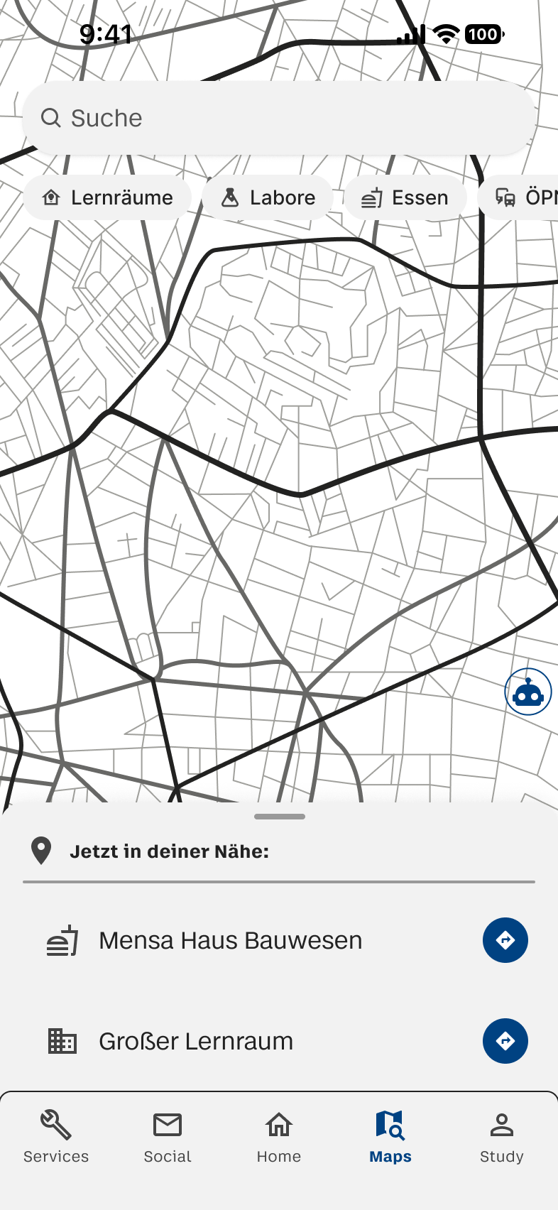 Navigations-Screen mit Kartenfunktion im Light Mode