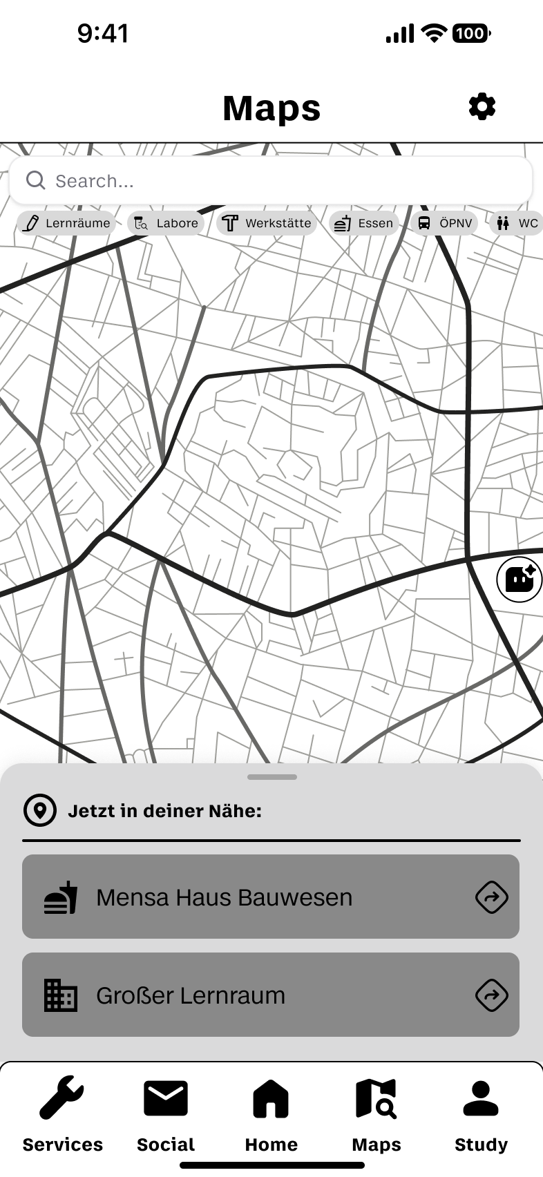 Überarbeiteter Navigation-und-Orte-Screen mit Rasterausrichtung und 24-px-Icons