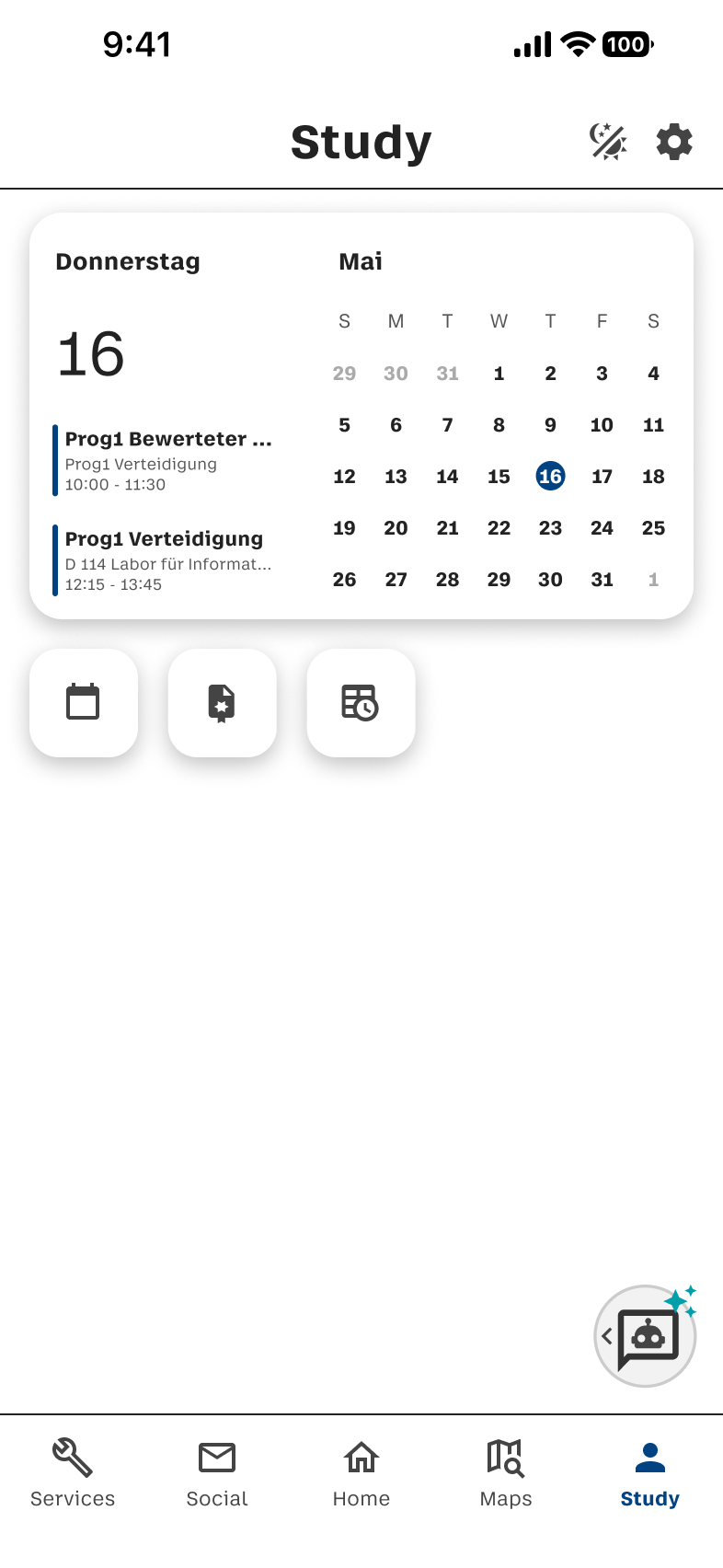 Study-Screen mit Kalender und Prüfungsterminen im Light Mode