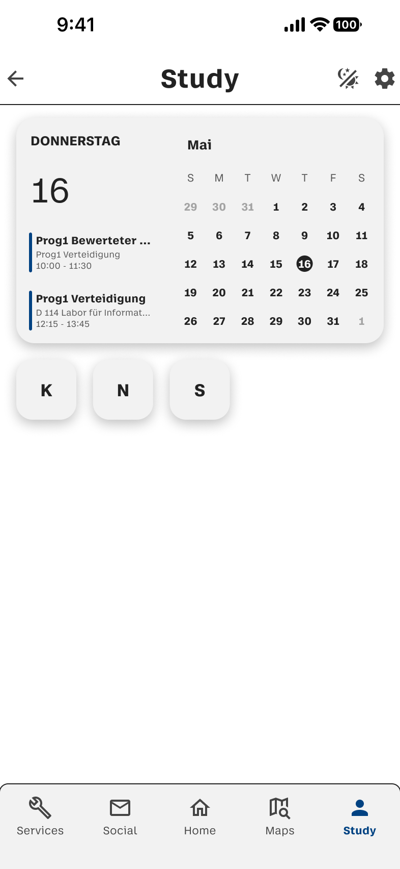 Study-Screen mit Studienfunktionen im Light Mode
