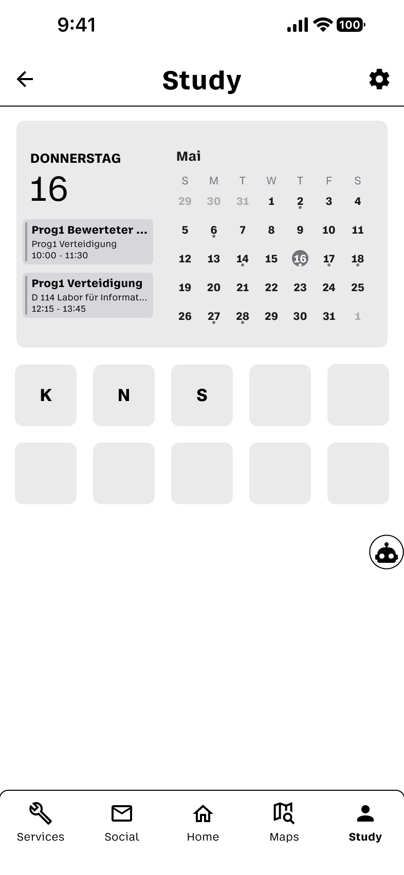 Study-Screen mit studienbezogenen Funktionen und Listen