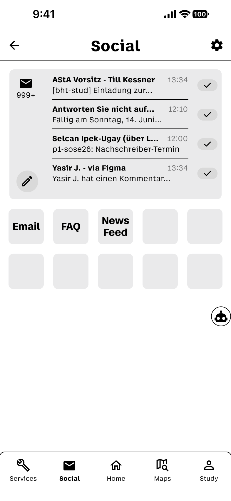 Social-Screen mit Kommunikation und Bottom Navigation