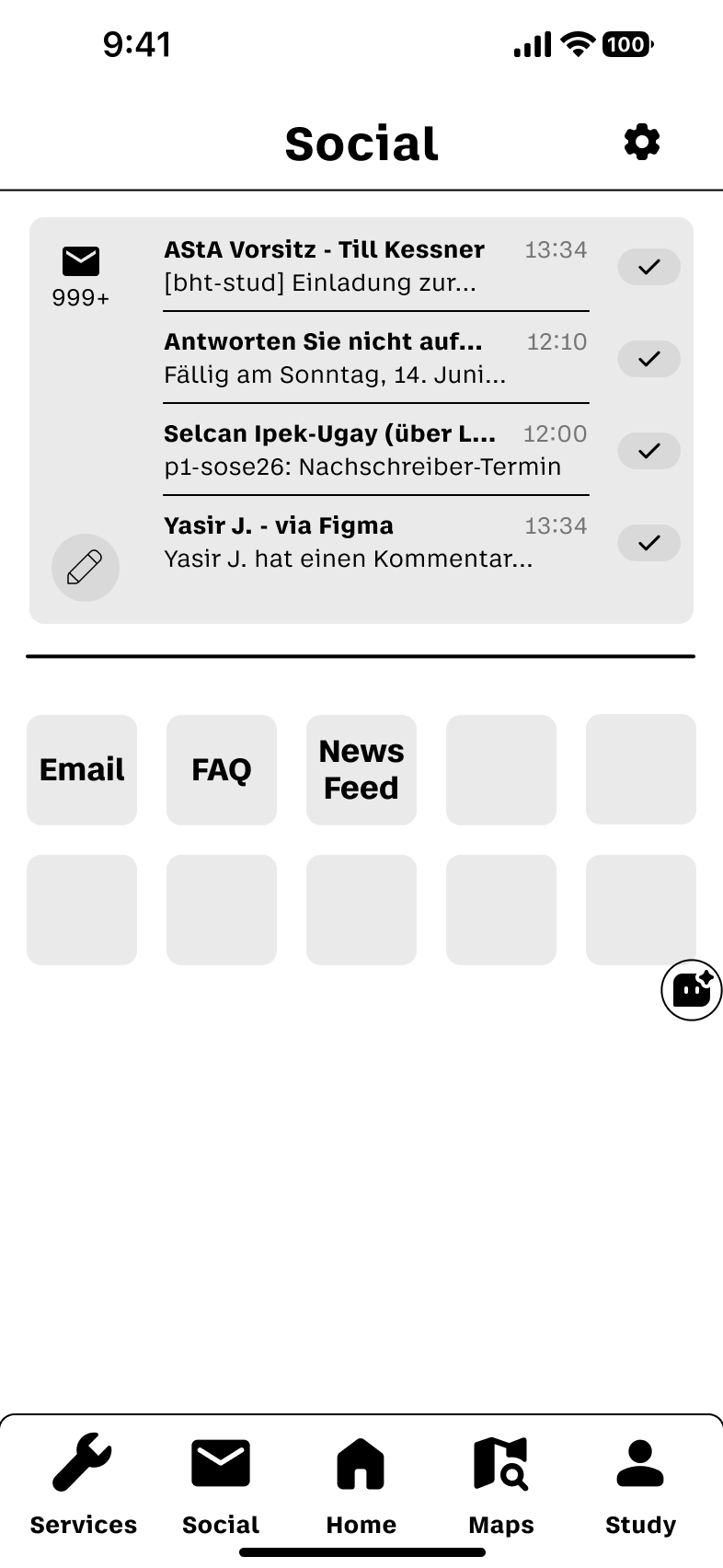 Überarbeiteter Social-Screen mit angepasster Typografie und Bottom-Navigation