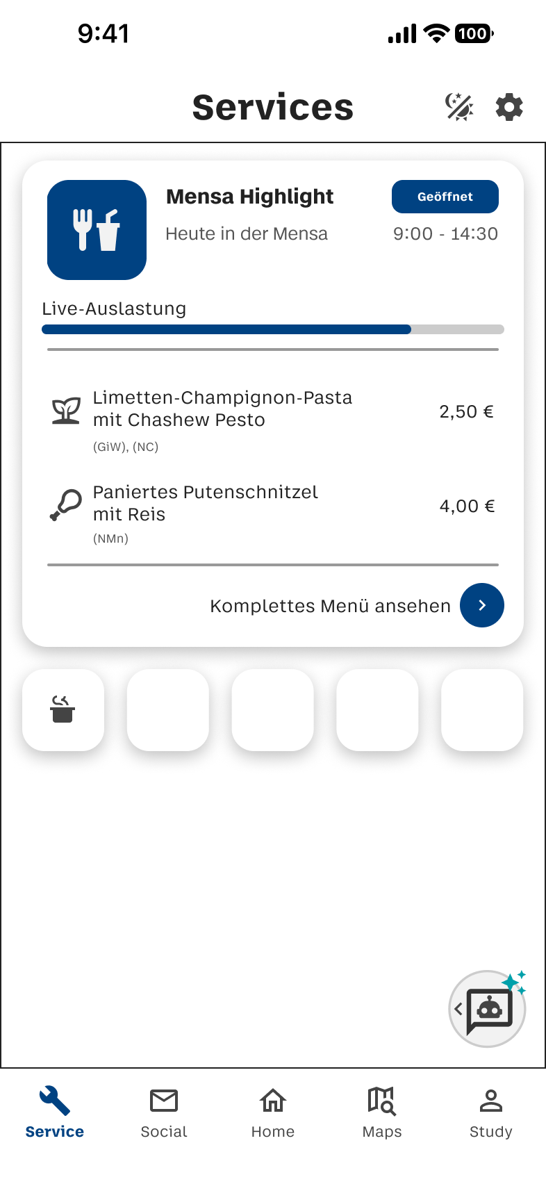 Service-Screen mit Campus-Services im Light Mode
