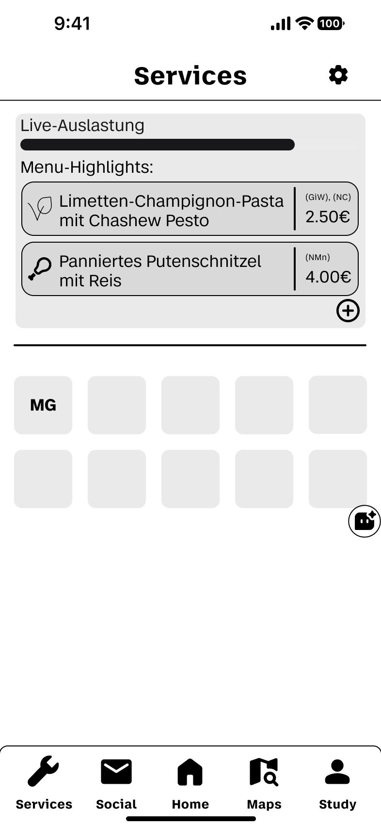 Überarbeiteter Service-Screen mit korrigierten Abständen und Icons