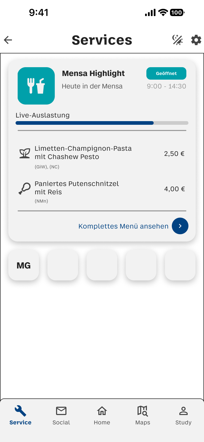 Service-Screen mit Campus-Services im Light Mode