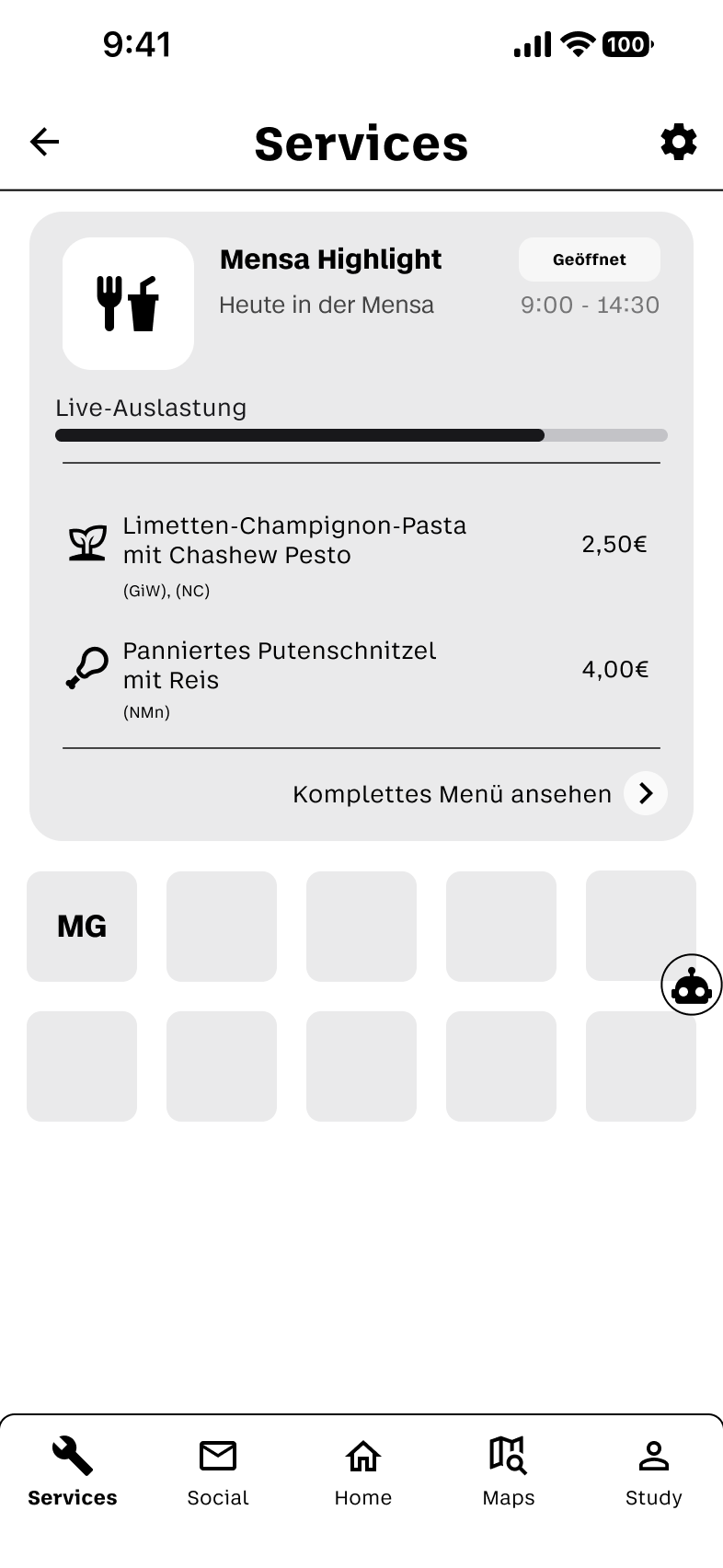 Service-Screen mit Campus-Services und funktionalen Icons