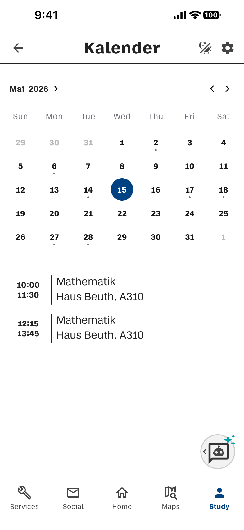 Kalender-Screen mit Datumsansicht im Light Mode
