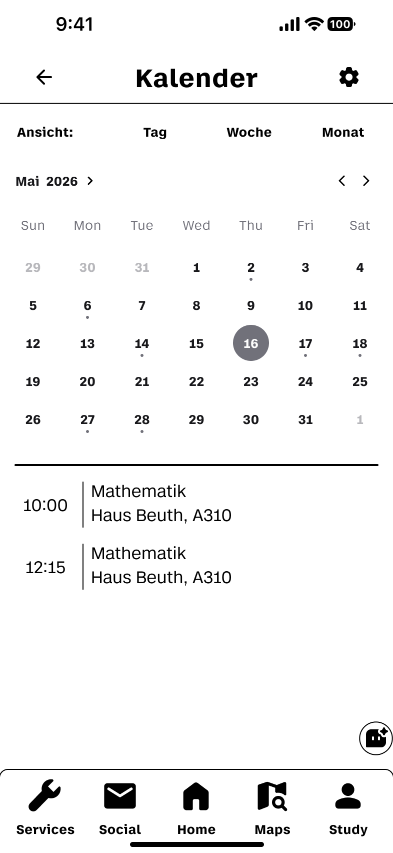 Überarbeiteter Kalender-Screen mit Datumschips, Events und BHT-Typografie