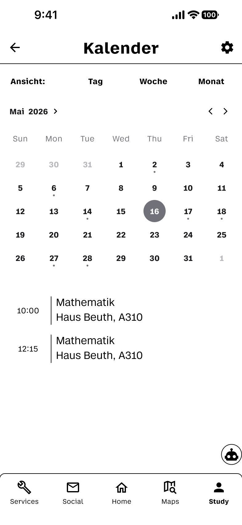 Kalender-Screen mit Datums- und Filter-Chips