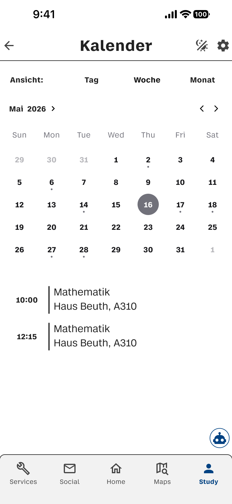 Kalender-Screen mit Datumsansicht im Light Mode