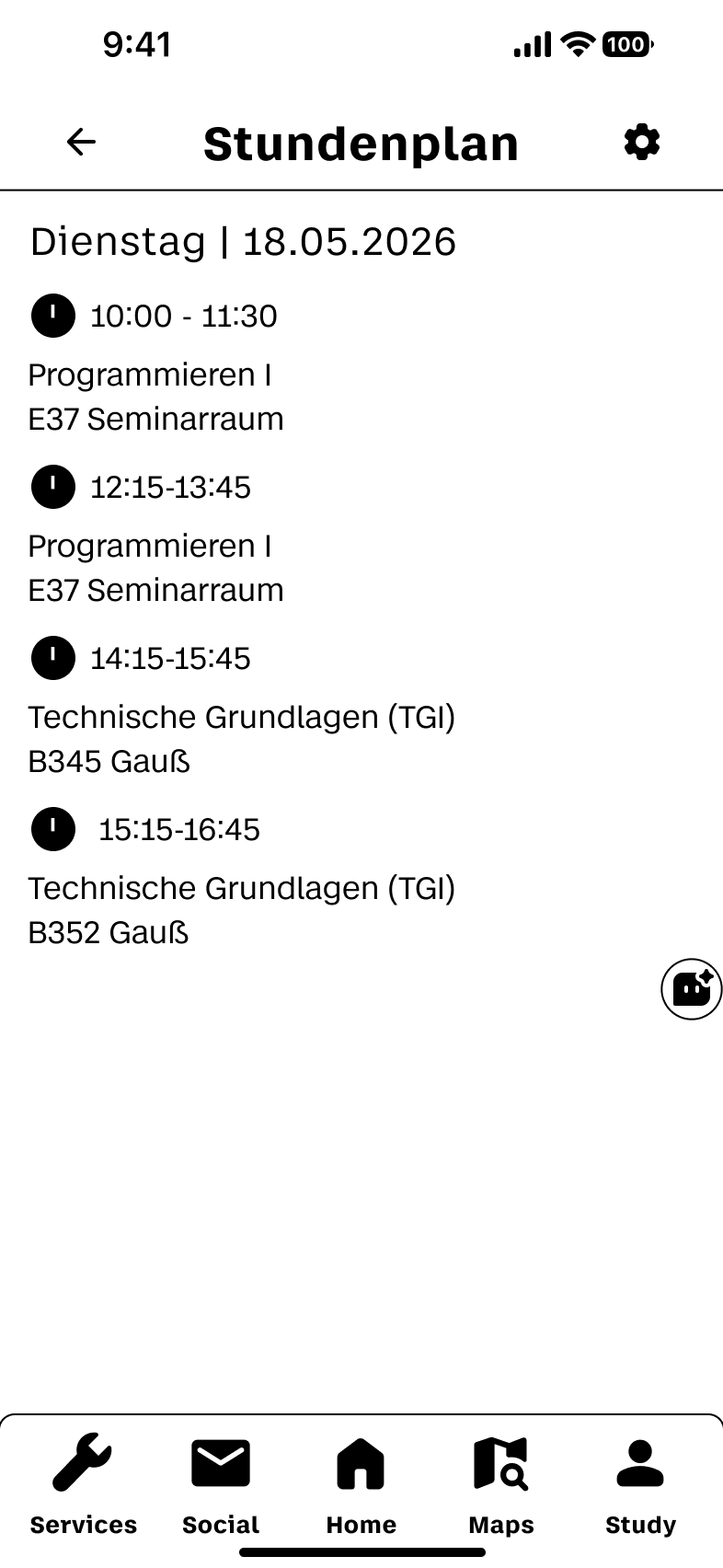 Überarbeiteter Stundenplan-Screen mit Widget-Blindtext und Kurslisten