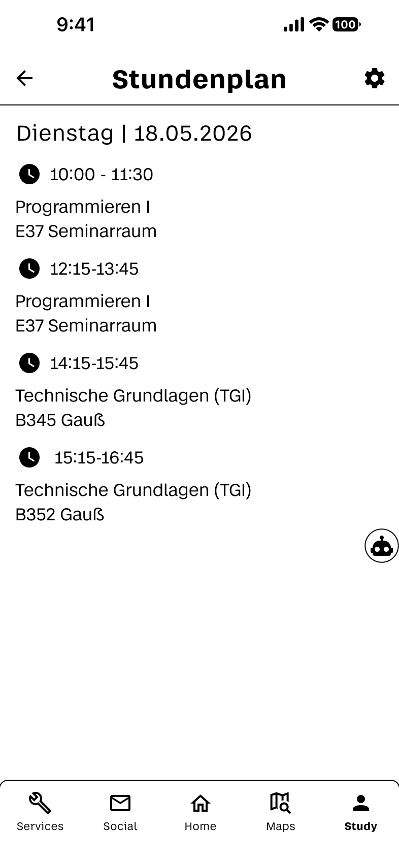 Stundenplan-Screen mit Kurslisten und Aktionsbuttons