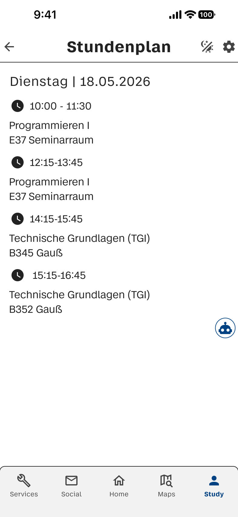 Stundenplan-Screen mit Kursen im Light Mode