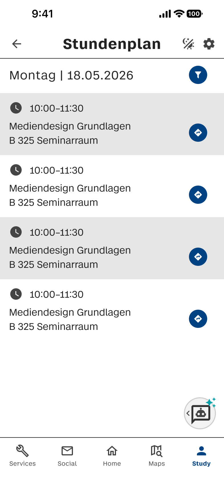 Stundenplan-Screen mit Kursen im Light Mode
