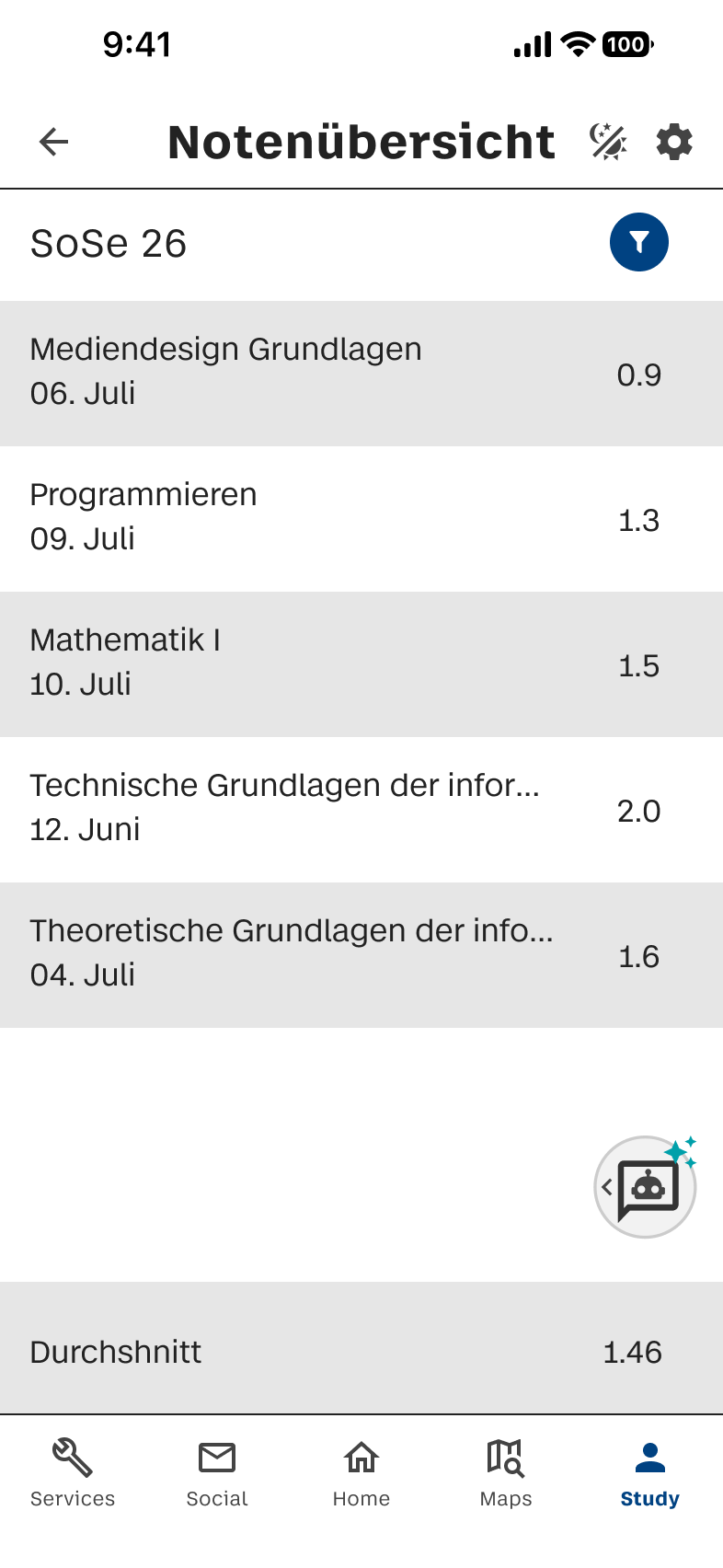 Notenübersicht mit Modulen im Light Mode