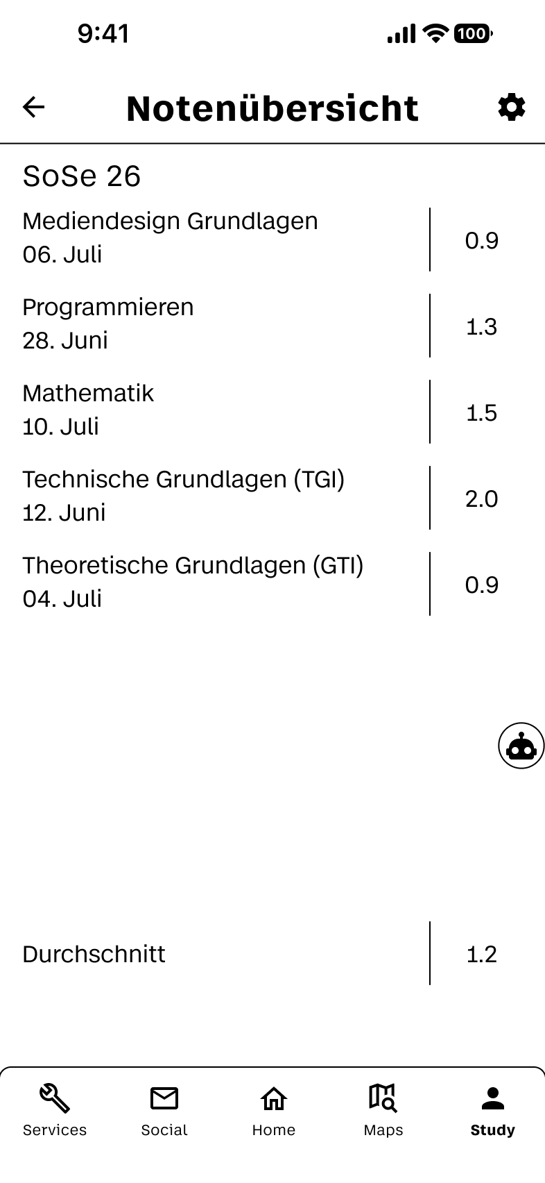 Notenübersicht-Screen mit Modulen und Statusinformationen