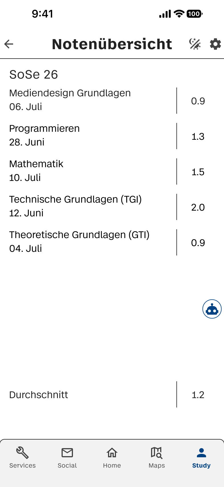 Notenübersicht mit Modulen im Light Mode