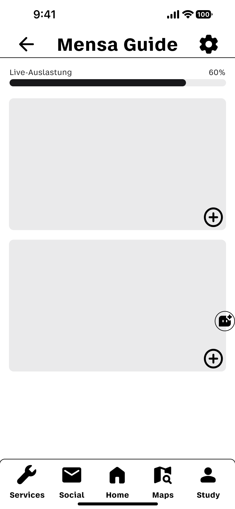 Finaler Mensa-Guide-Screen mit Mahlzeiten, Kategorien und BHT-Typografie