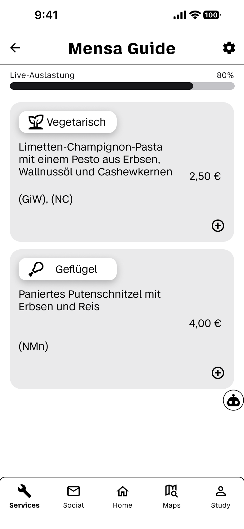 Mensa-Guide-Screen mit Mahlzeiten, Kategorien und Filter-Chips; ein Login-Screen ist aktuell nicht als Asset vorhanden
