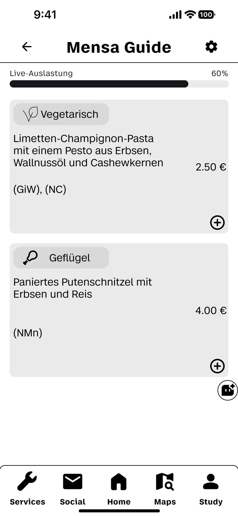 Überarbeiteter Mensa-Guide-Screen mit Mahlzeiten, Kategorien und BHT-Typografie
