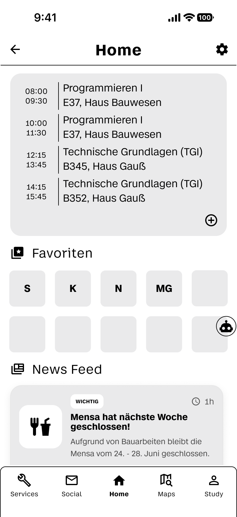 Dashboard mit Stundenplan, Favoriten, News Feed und fünf Bottom-Navigation-Icons