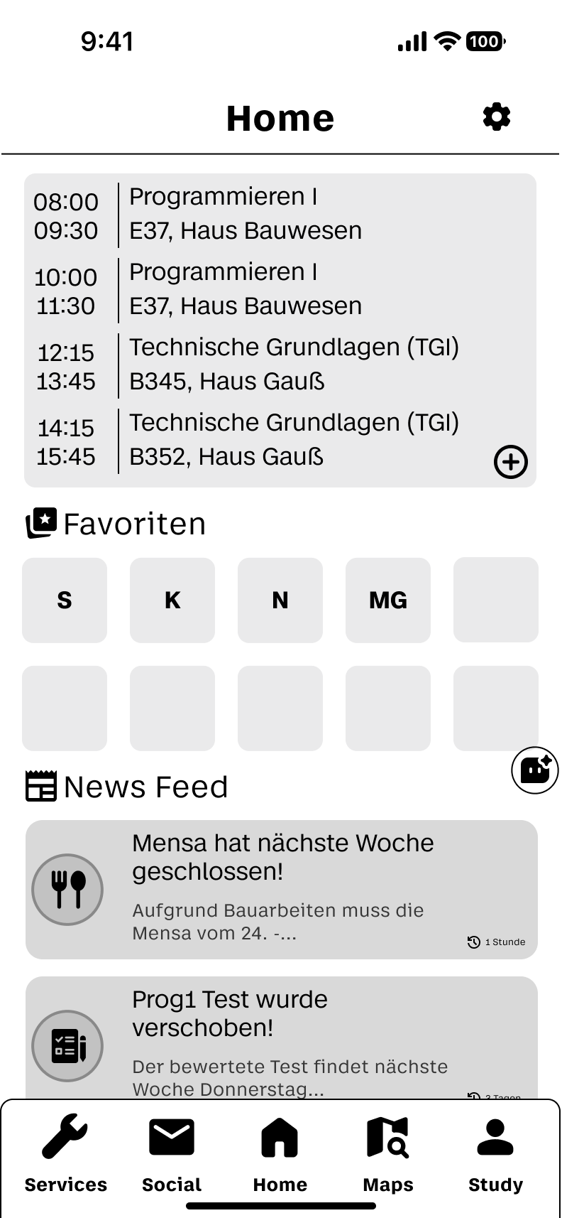 Überarbeiteter Dashboard-Screen mit H1 Screen Title, Favoriten und News Feed