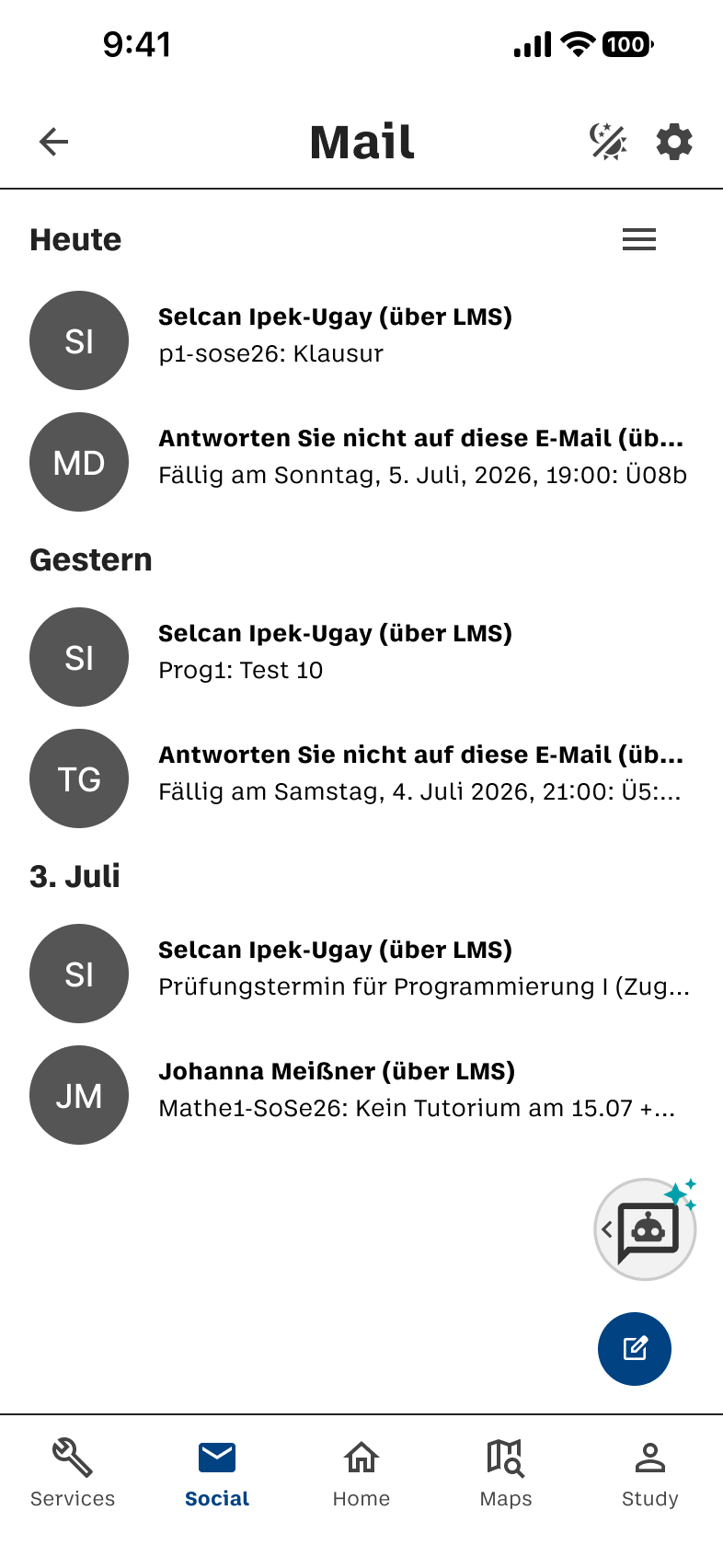 E-Mail-Screen mit Posteingang und Nachrichtenvorschau im Light Mode